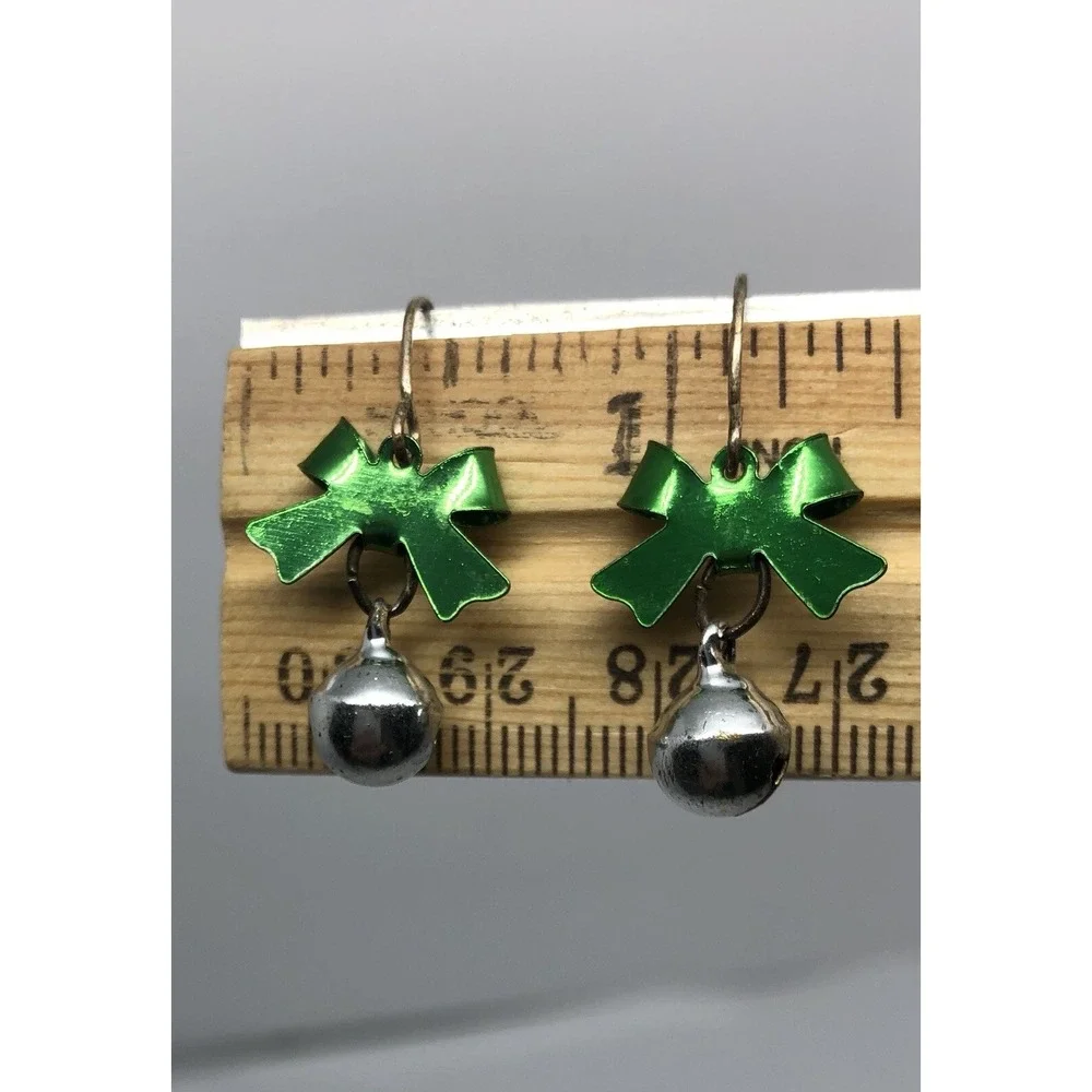 CHRISTMAS SILVER JINGLE BELLS, GREEN BOW FISH‎ HOOK BACK EARRINGS-SIZE SMALL